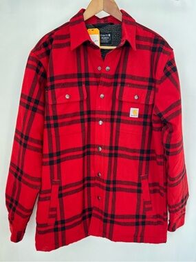 NWT Carhartt Sherpa Lined Plaid Shirt Jac Jacket Red Black Buffalo Plaid M